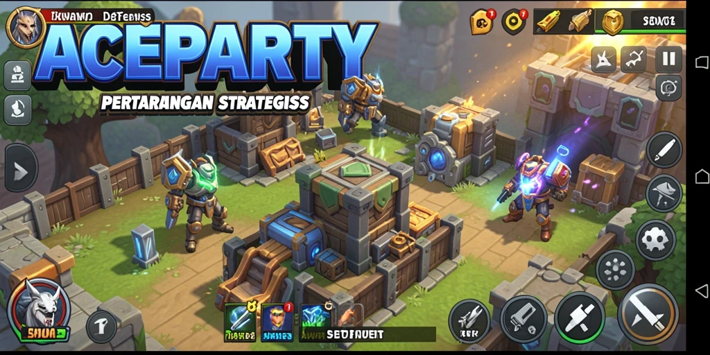 Screenshot gameplay ACEPARTY yang menampilkan menara dan musuh dalam Tower Defense.