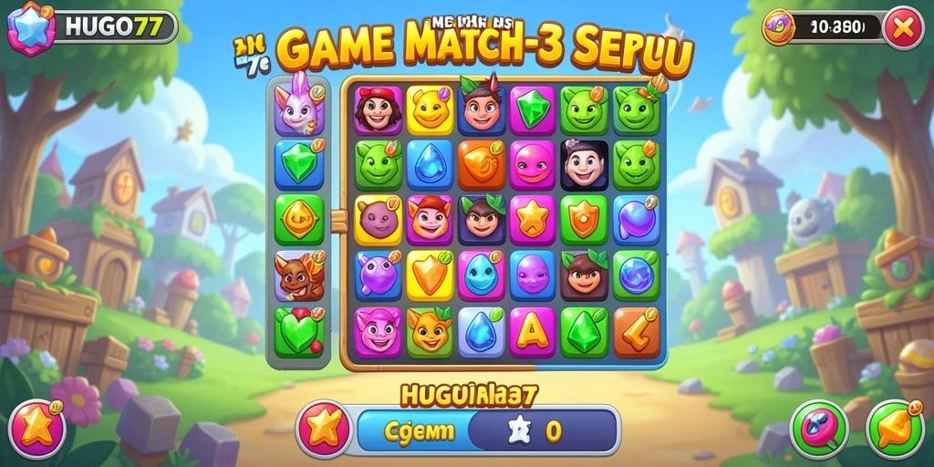 Tampilan gameplay <strong>HUGO77</strong> dengan elemen warna-warni Match-3.