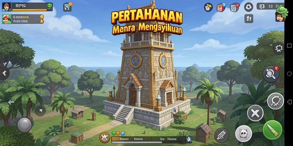 Tangkapan layar dari gameplay RP55 yang menampilkan pertahanan menara yang hebat.