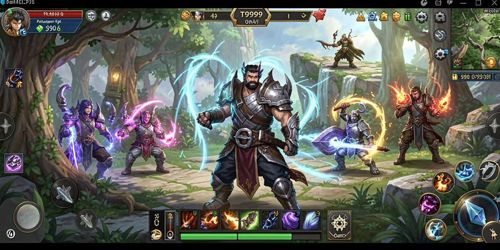 Tangkapan layar gameplay RPG T9999 yang menampilkan pertarungan epik.