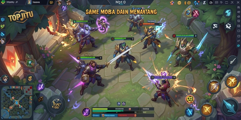 Screenshot gameplay menunjukkan aksi seru dalam pertempuran MOBA.