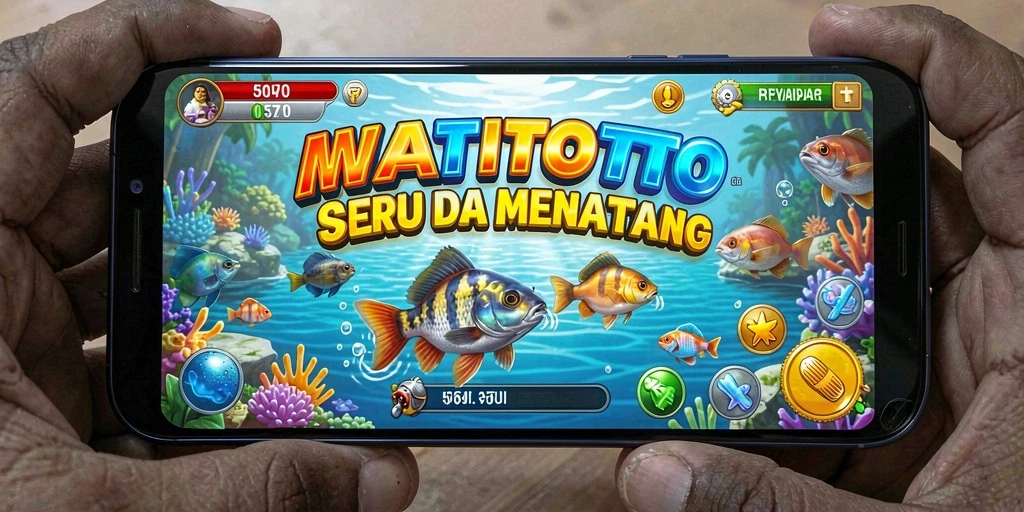 Screenshot utama WATITOTO menampilkan gameplay memancing yang menegangkan dan seru.